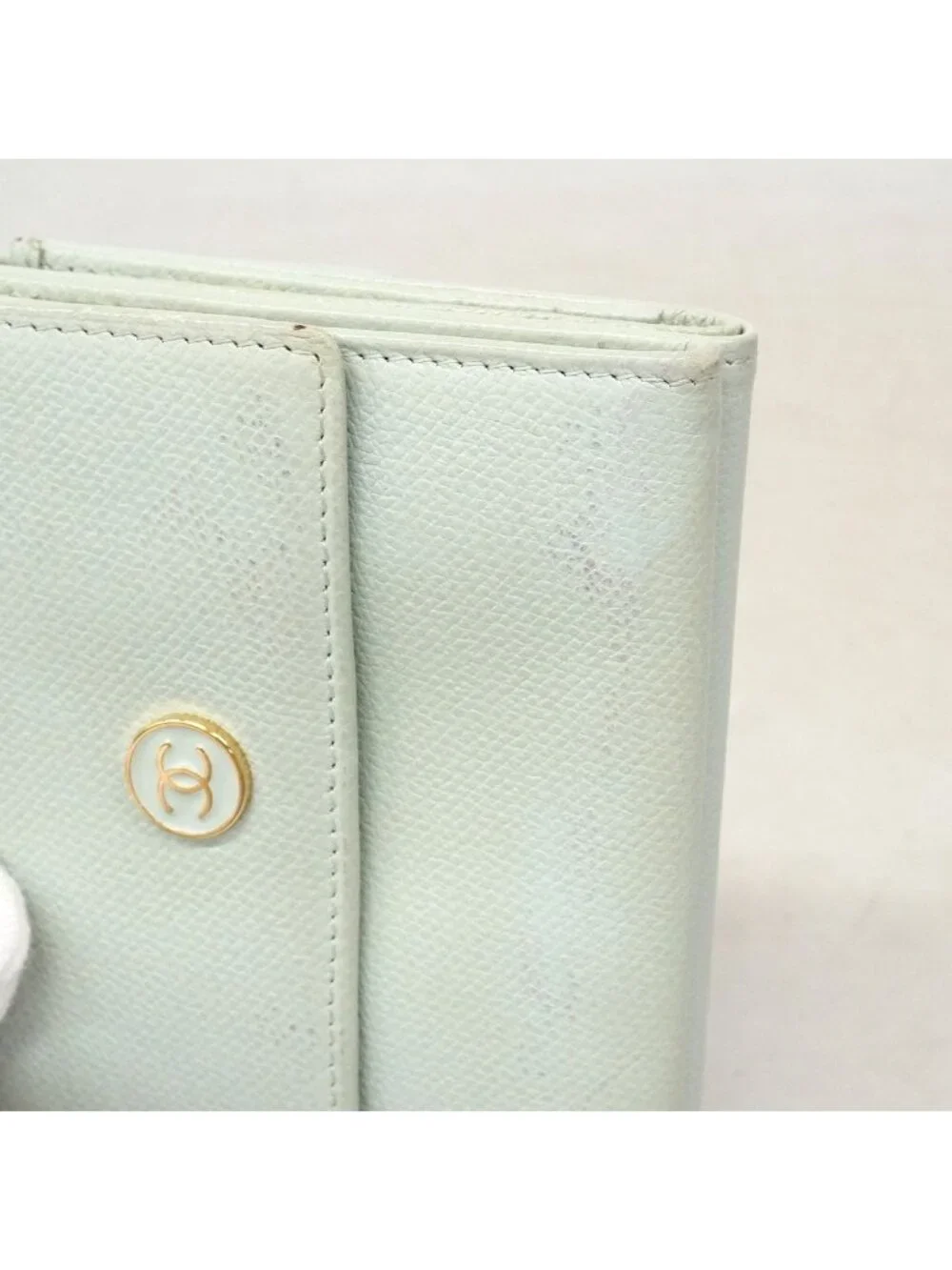 Chanel Trifold Wallet Coco Buttons Caviar Leather Light Green Gold